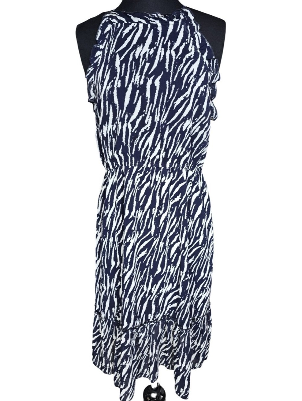 Hayden Navy and White Zebra-Print Halter Dress Size M Ruffle Neck & Hem